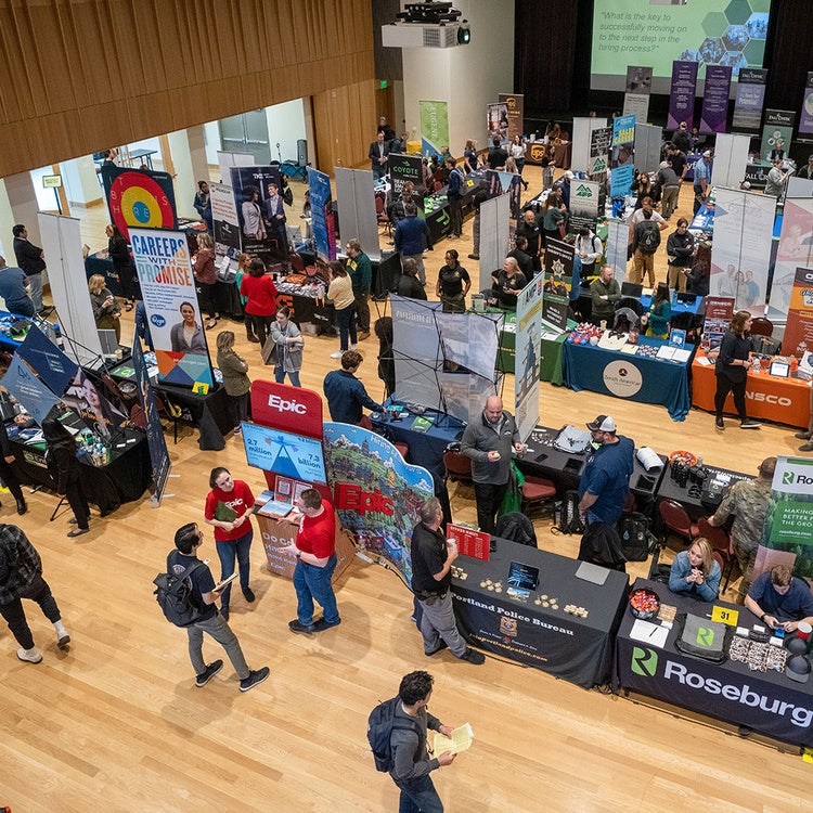 Elevated view of students visiting job fair booths.