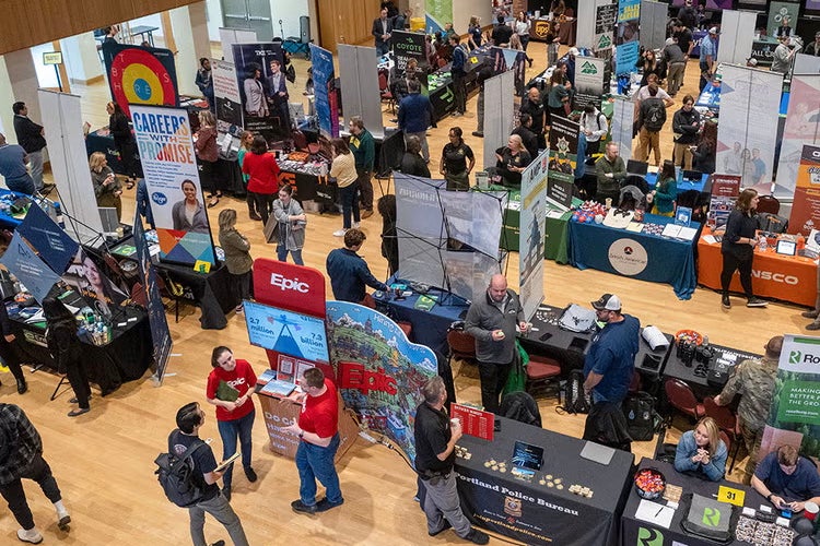 Aerial view of students meeting with potential employers in the EMU Ballroom